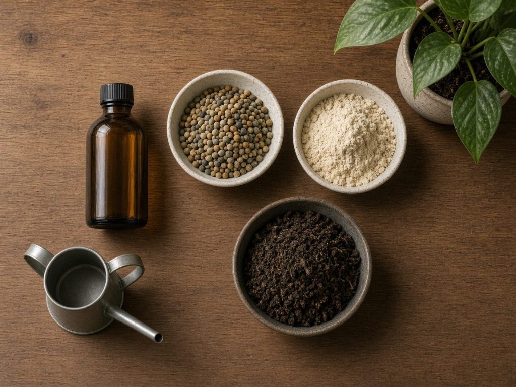 Adubo líquido, farinha de osso, húmus e fertilizante granulado dispostos ao lado de vaso e regador