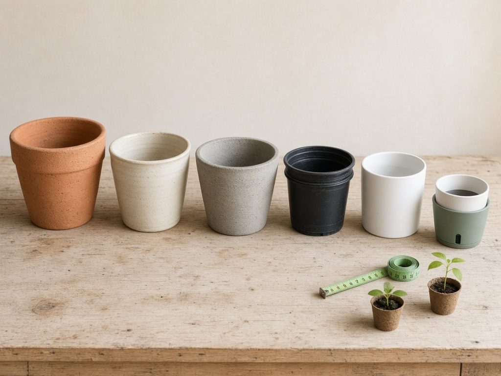 Vasos de barro, cerâmica esmaltada e plástico de tamanhos diferentes alinhados sobre bancada de madeira ao lado de mudas