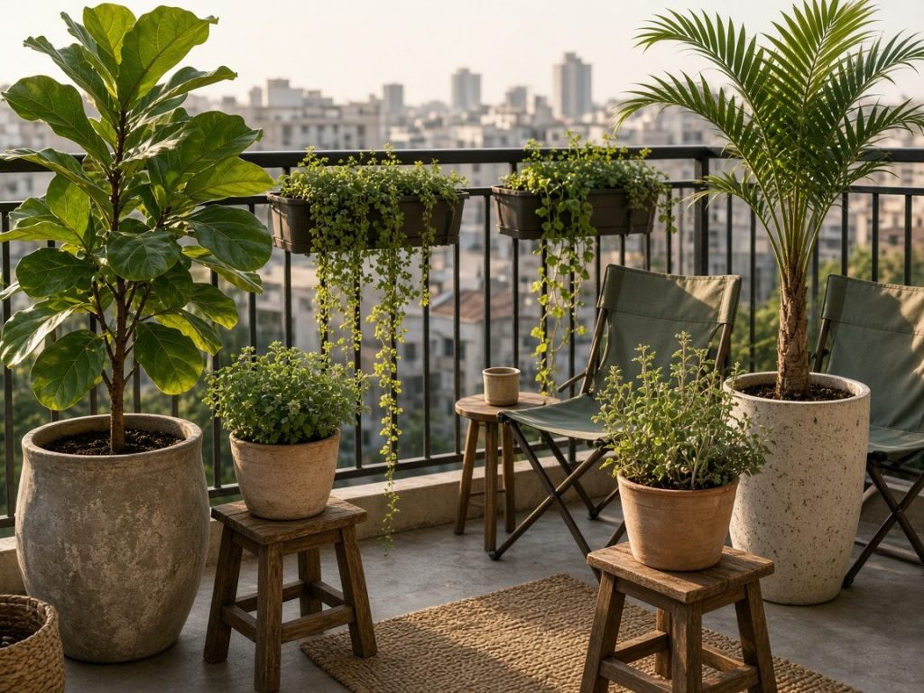 Varanda de apartamento organizada com vasos no chão, banquetas e floreiras em níveis diferentes