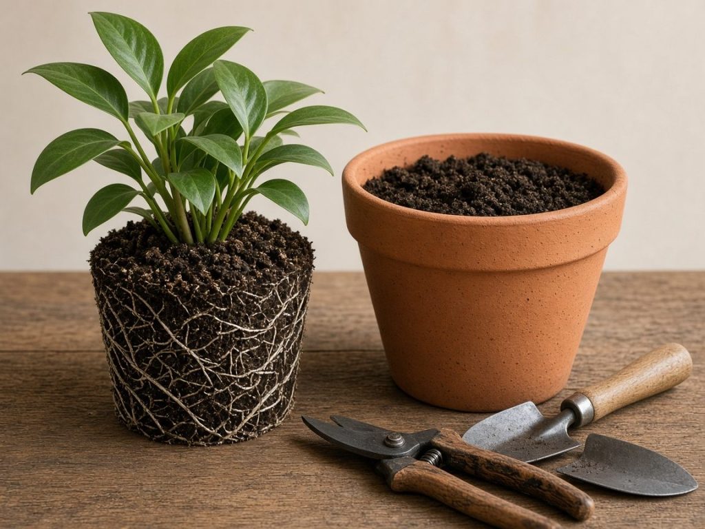 Planta retirada do vaso com torrão de raízes exposto ao lado de vaso maior com substrato novo
