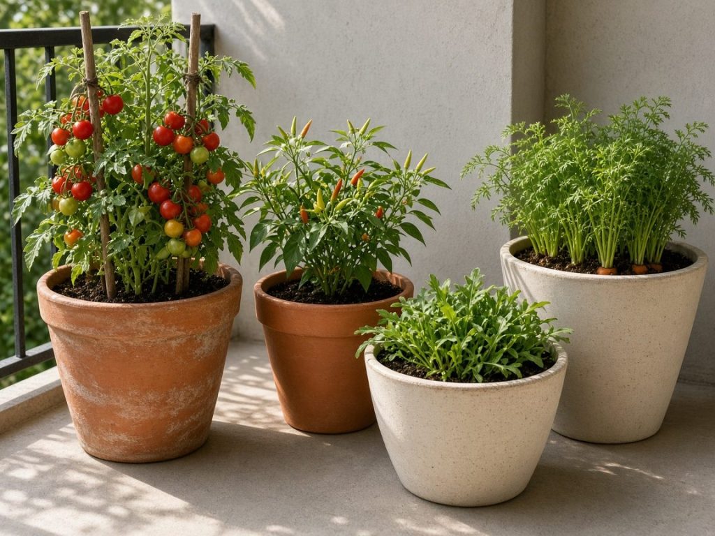 Vasos grandes com tomate-cereja, pimenta, rúcula e cenoura baby cultivados em varanda ensolarada