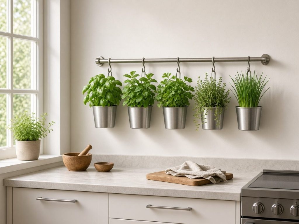 Parede de cozinha com trilho de vasos metálicos cultivando manjericão, hortelã, salsa e tomilho
