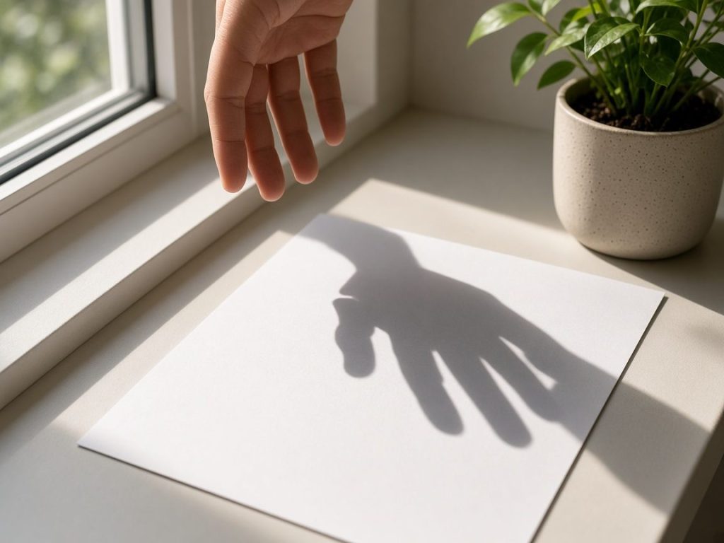 Mão projetando sombra sobre papel branco junto à janela para medir a intensidade da luz