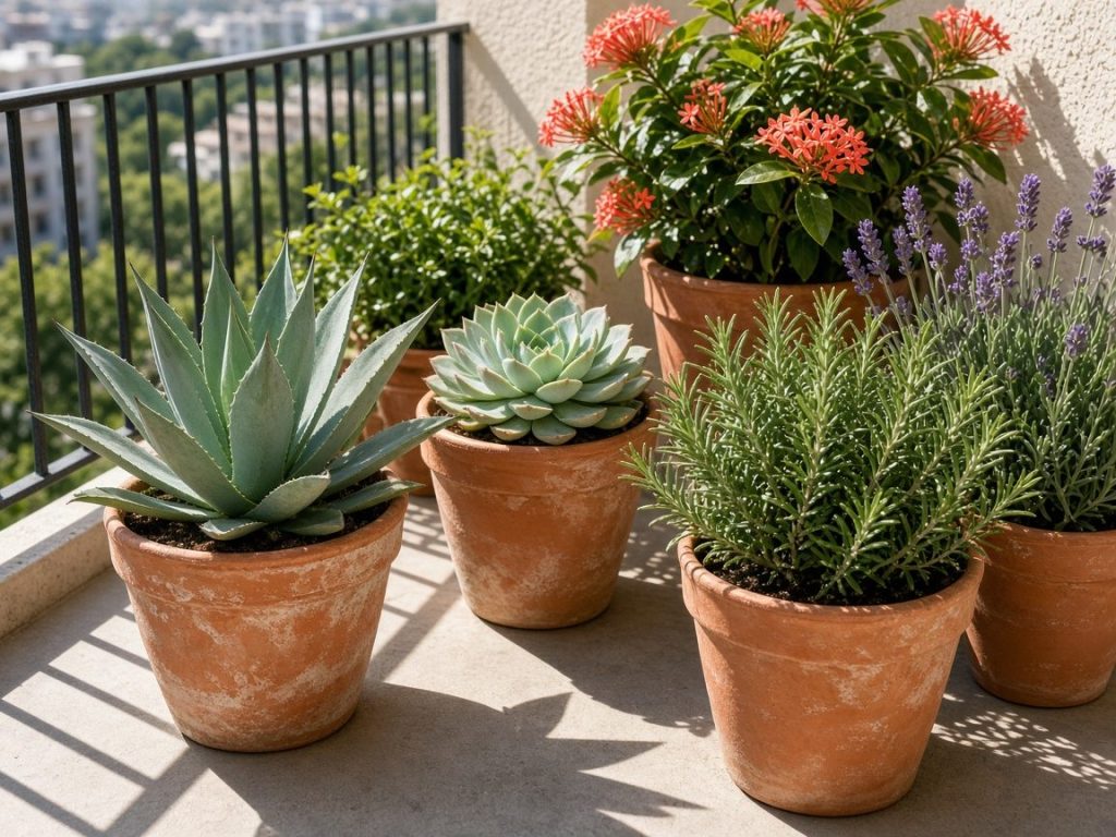 Varanda ensolarada com suculentas, alecrim, lavanda e ixora em vasos de barro sob sol forte