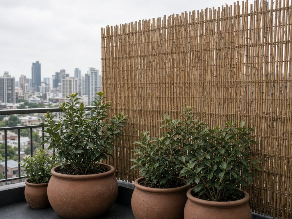 Sacada em andar alto com tela de bambu como quebra-vento e vasos pesados ancorados junto à parede