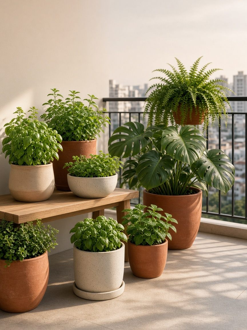 Varanda de apartamento com vasos de barro e cerâmica cultivando manjericão, hortelã, costela-de-adão e samambaia sob luz de fim de tarde