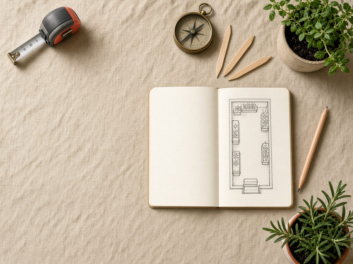 Caderno aberto com planta baixa desenhada à mão de uma varanda, trena, bússola e vasos de temperos
