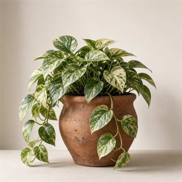 Jiboia com folhas variegadas pendendo de vaso de barro