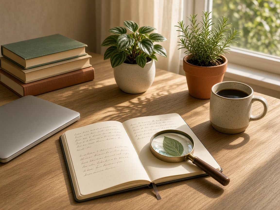 Mesa de madeira com caderno aberto, lupa sobre folha prensada, livros de jardinagem e vasos de peperômia e alecrim